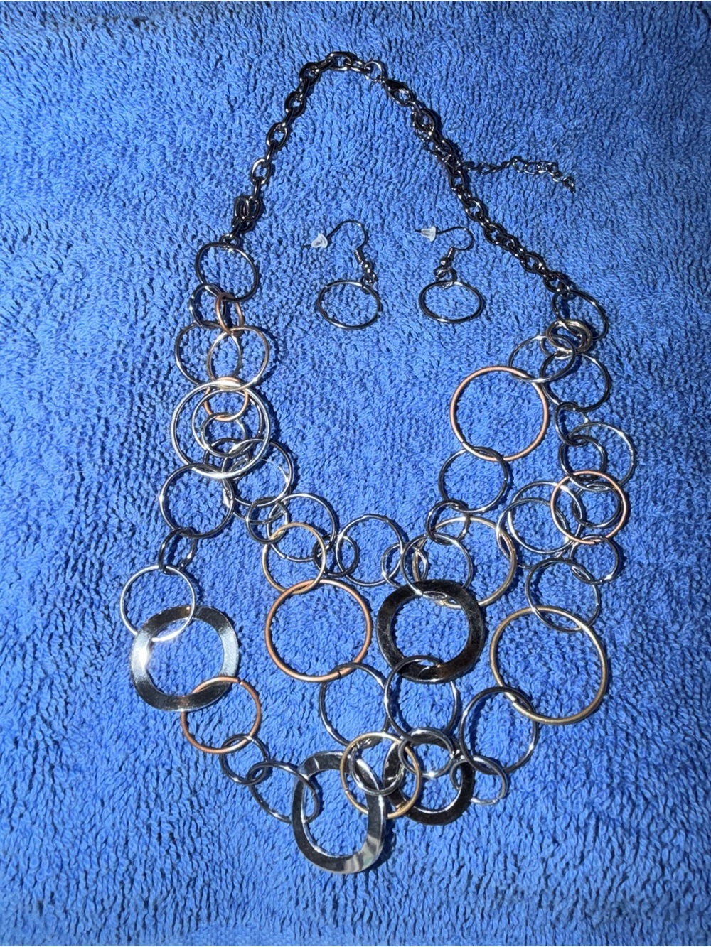 Statement Multi-Ring Necklace and Earrings Set - Silver & Rose Gold Tones
